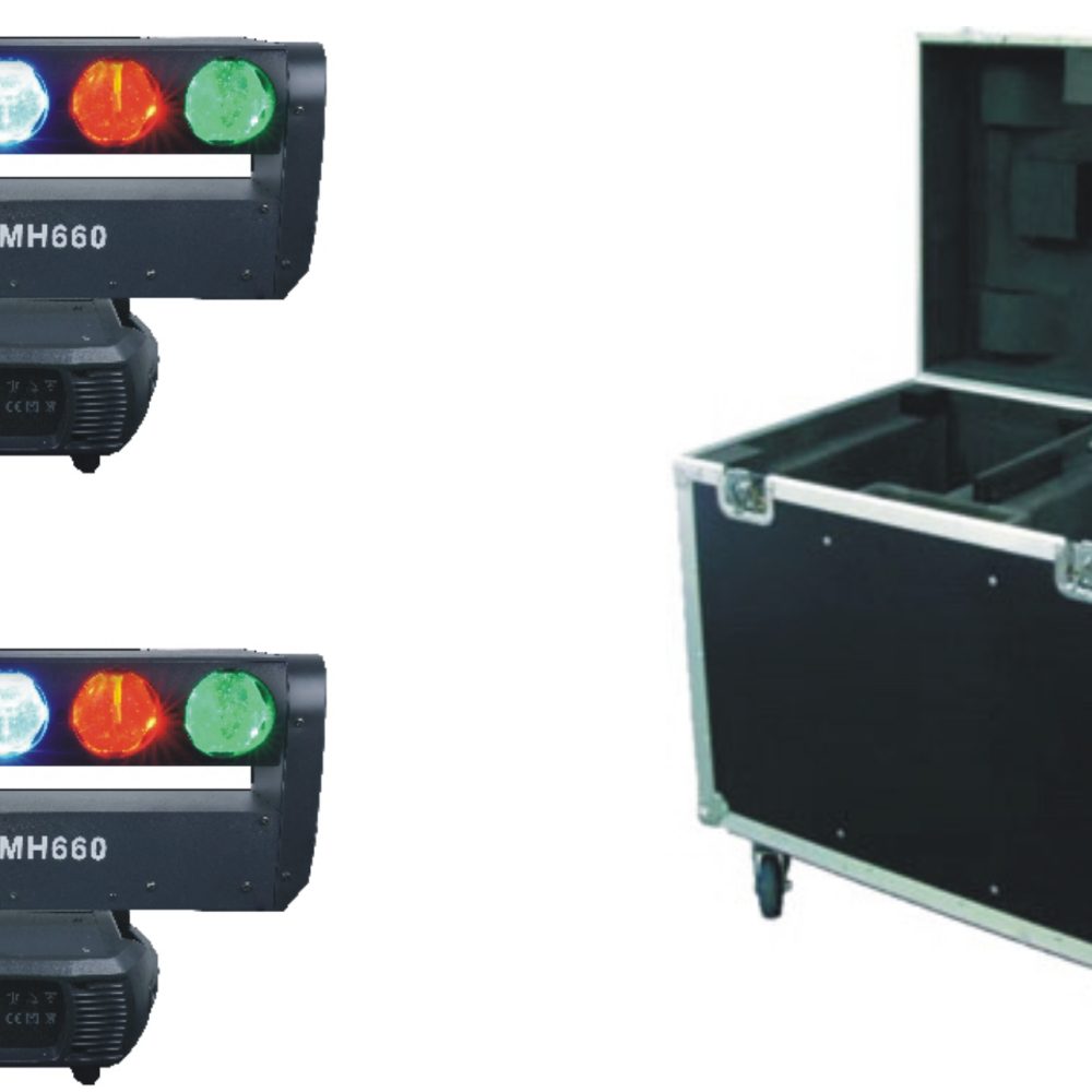 PACK2MH660PACK 2 CABEZAS MOVIL DE DOBLE CARA: BEAM DE 6x60W RGBW+STROBO 360SMD RGB + 1 FLIGHT CASSE 2 IN 1