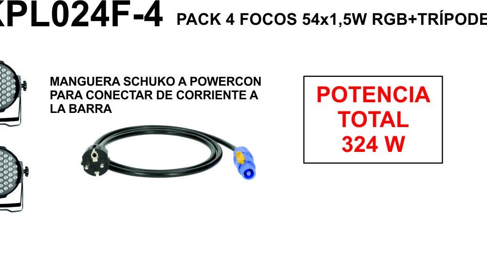 PACKPL024F4 PACK 4 FOCOS 324W (54x1W) RGB+TRÍPODE, BARRA ELECTRIFICADA Y MANGUERA