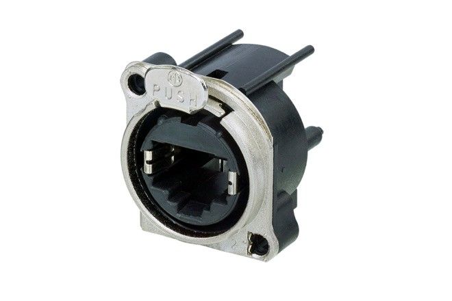 NE8FBH Conector de chasis de la serie Ethercon tipo “B” con pestaña metálica. Para montaje horizontal
